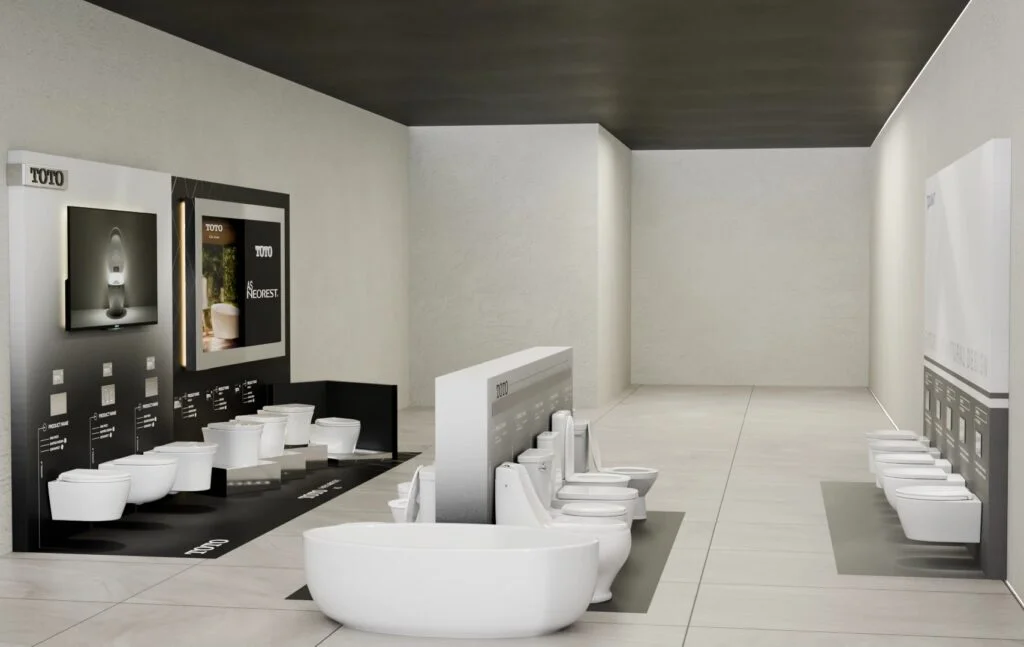 3D showroom render, part of Marketeller's graphic design and space planning work