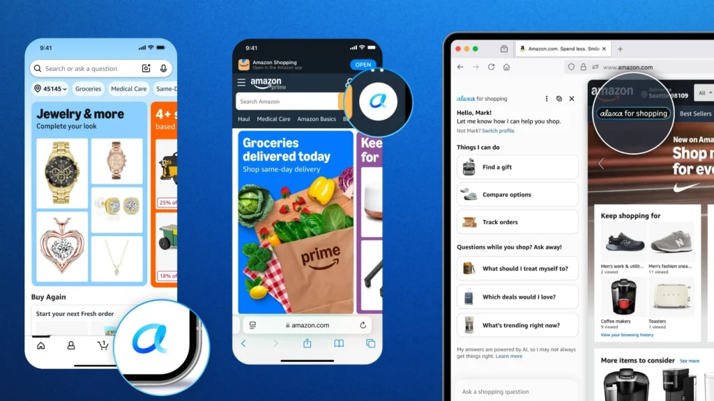 Amazon Alexa for Shopping interface across mobile and desktop devices, combining Rufus AI and Alexa+