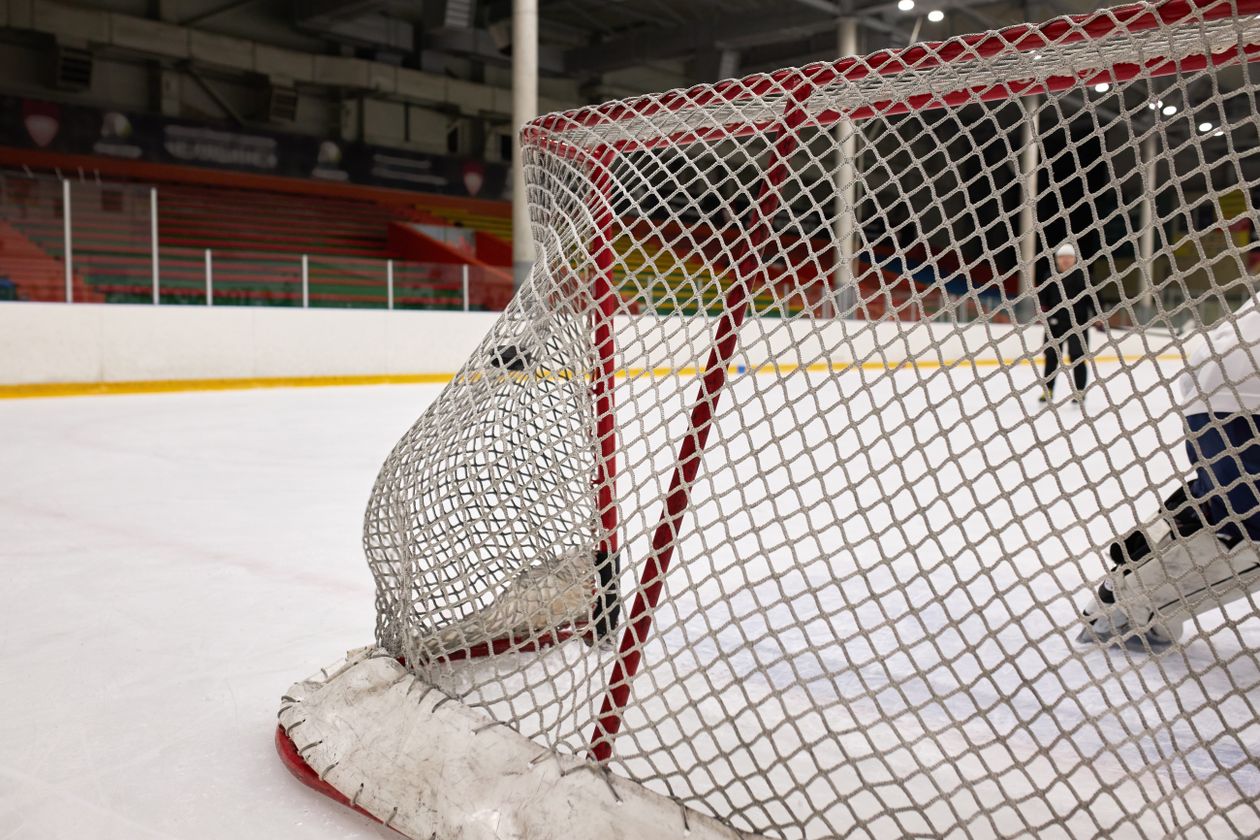 Hockey goal net inside an NHL arena during a game